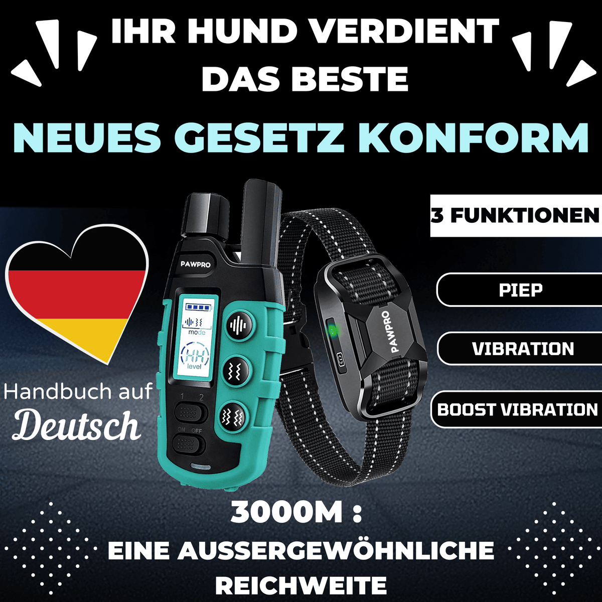 1000m Hundetrainingshalsband Mit Piep & Vibration Wasserdicht, 8 Tne, 16 Stufen 1000m Hundetrainingshalsband Mit Piep & Vibration Wasserdicht, 8 Tne, 16 Stufen
